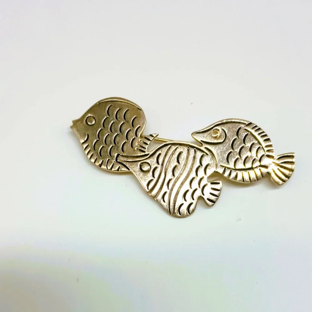 RRH Taxco 925 Triple Fish Brooch Sterling Silver Mexico Etched Nautical Pin